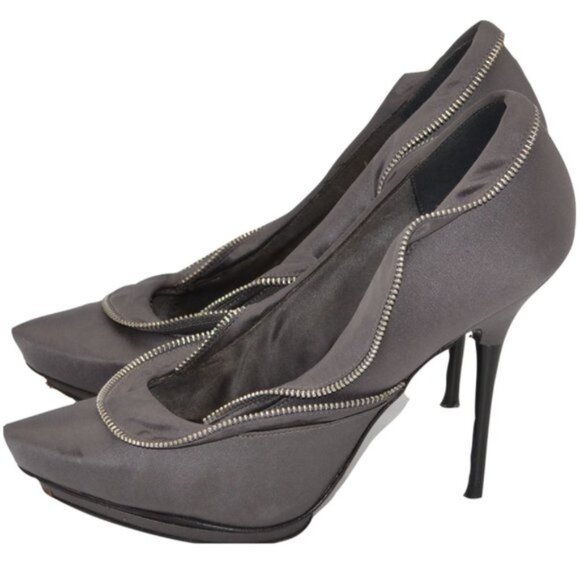Report Gray Satin Leather & Zipper Ruffle Platform Modern Mod Stilettoes Heels 7 - Picture 3 of 12